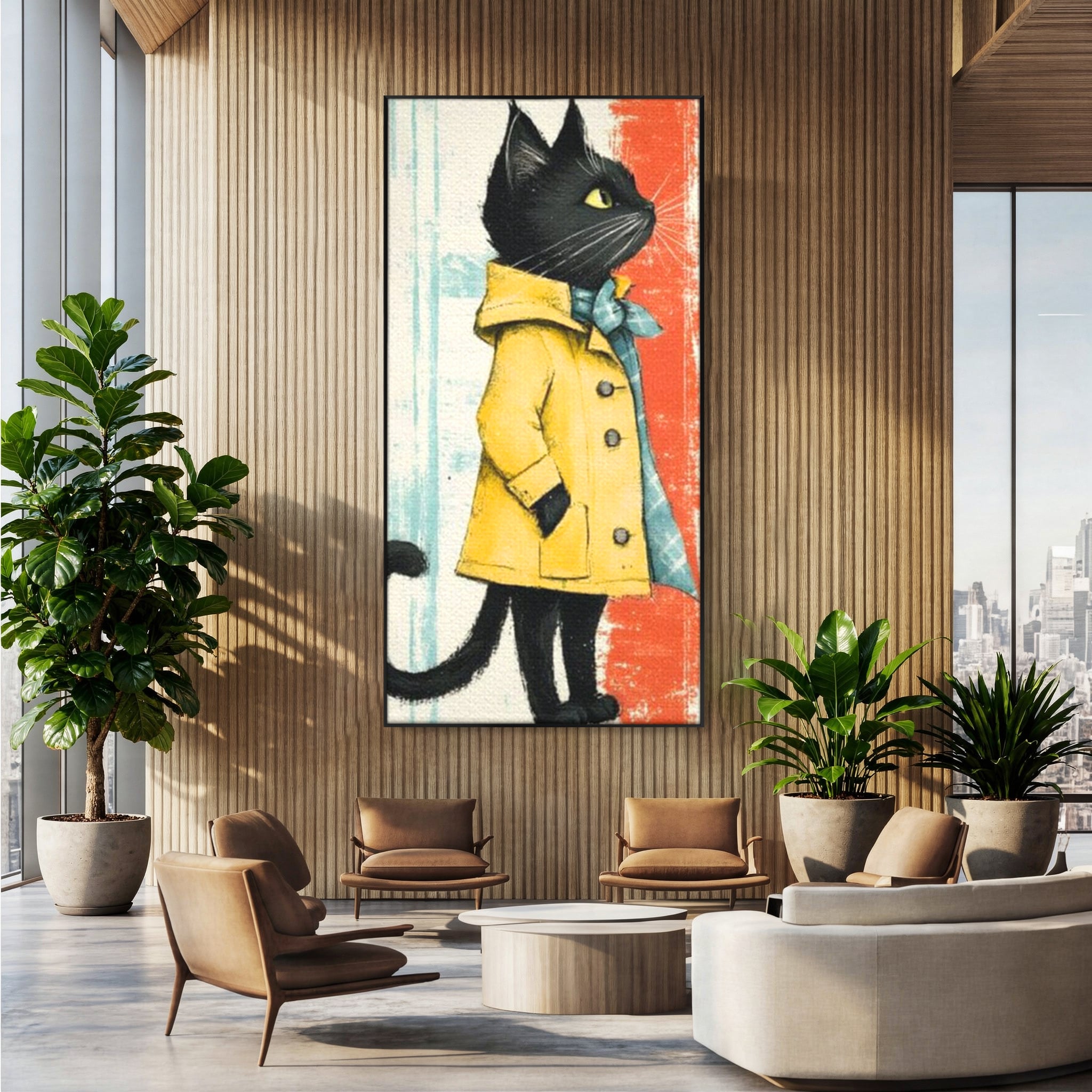 Tablou canvas cu ilustratie cu pisica in pelerina galben, in rama de aluminiu negru, pe perete intr-un birou